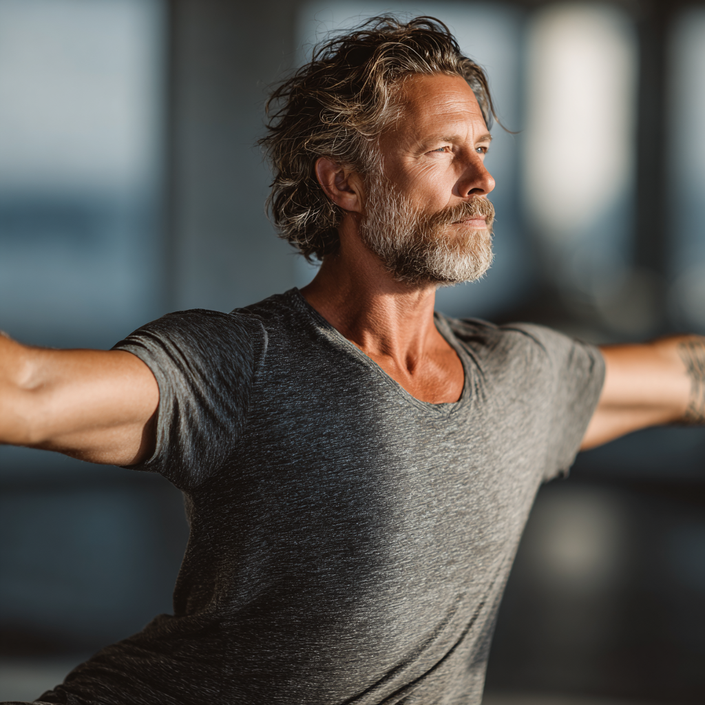 Mature man in his 40s performing yoga warrior pose with focused concentration in bright natural light