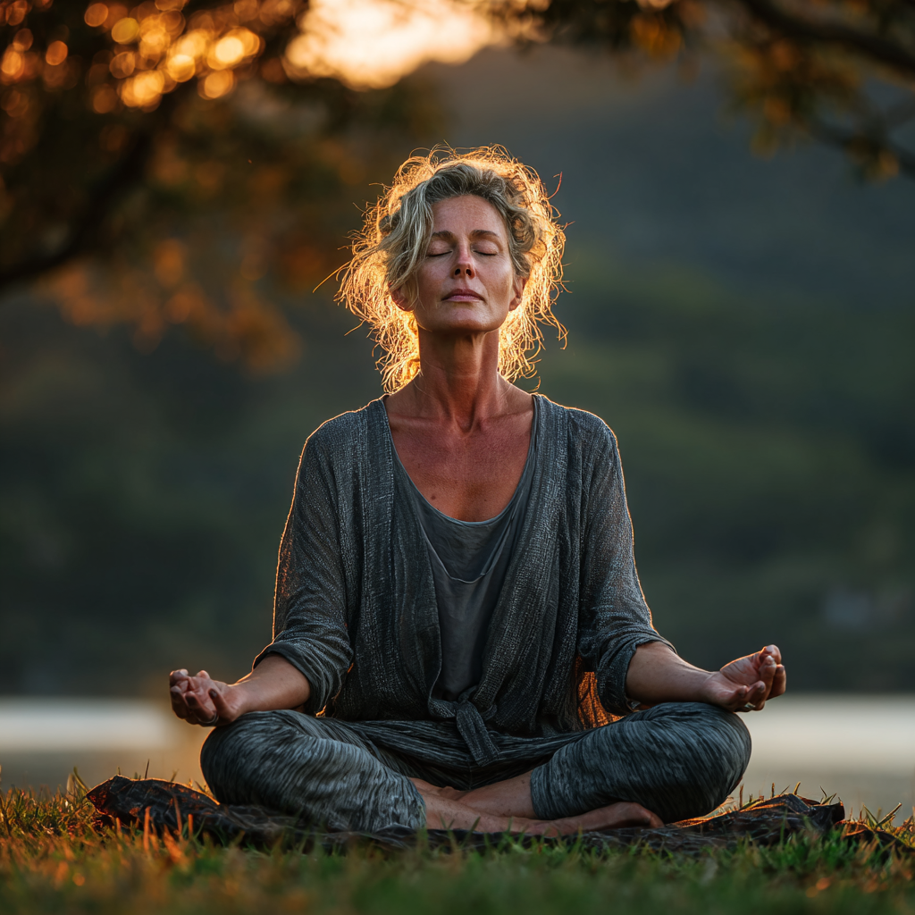 Peaceful woman in her 50s practicing yoga meditation pose outdoors in serene natural setting