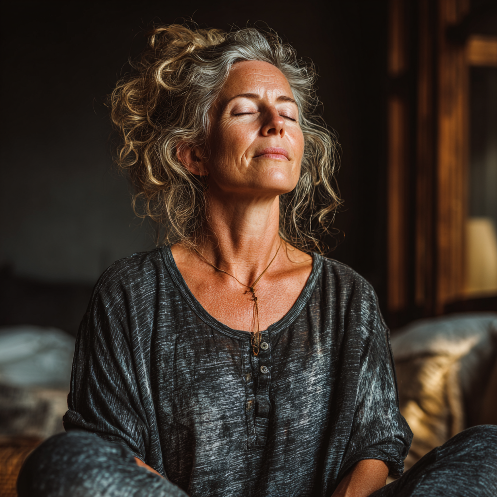 Serene woman in her 50s sitting in lotus position with eyes closed during meditation practice in peaceful indoor setting